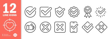 İşaretler ve haçlar ayarlandı simgesi. Onaylandı, reddedildi, doğru, yanlış, bitti, başarısız oldu. İş konsepti. İş ve Reklamcılık için vektör satırı simgesi.