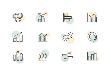 İstatistiksel veri belirleme simgesi. İş, iş, pasta grafiği, sütun grafiği, oklar, büyüme, düşüş, artış, azalma. Diyagram konsepti. İş ve Reklamcılık için vektör satırı simgesi.