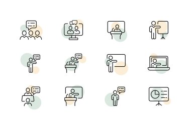 Çalışma konuşma simgesi. Çalışanlar, iletişim, insanlar, takım çalışması, çizelge, sunum, rapor, diyagram. İş konsepti. İş ve Reklamcılık için vektör satırı simgesi.