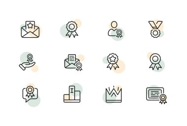 Ödül seti simgesi. Zarf, mektup, yıldız, sertifika, kişi, çalışan, kazanan, el, gol, başarı, birinci. İş konsepti. İş ve Reklamcılık için vektör satırı simgesi.