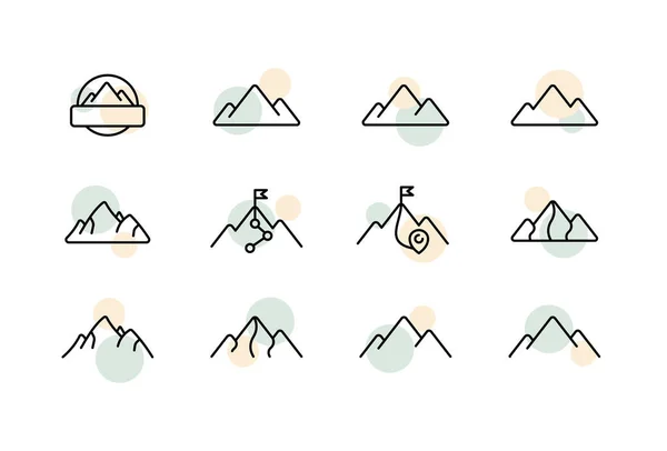 Mountains Set Icon Route Goal Flag Journey Hike Pointer Traveler — Stock Vector