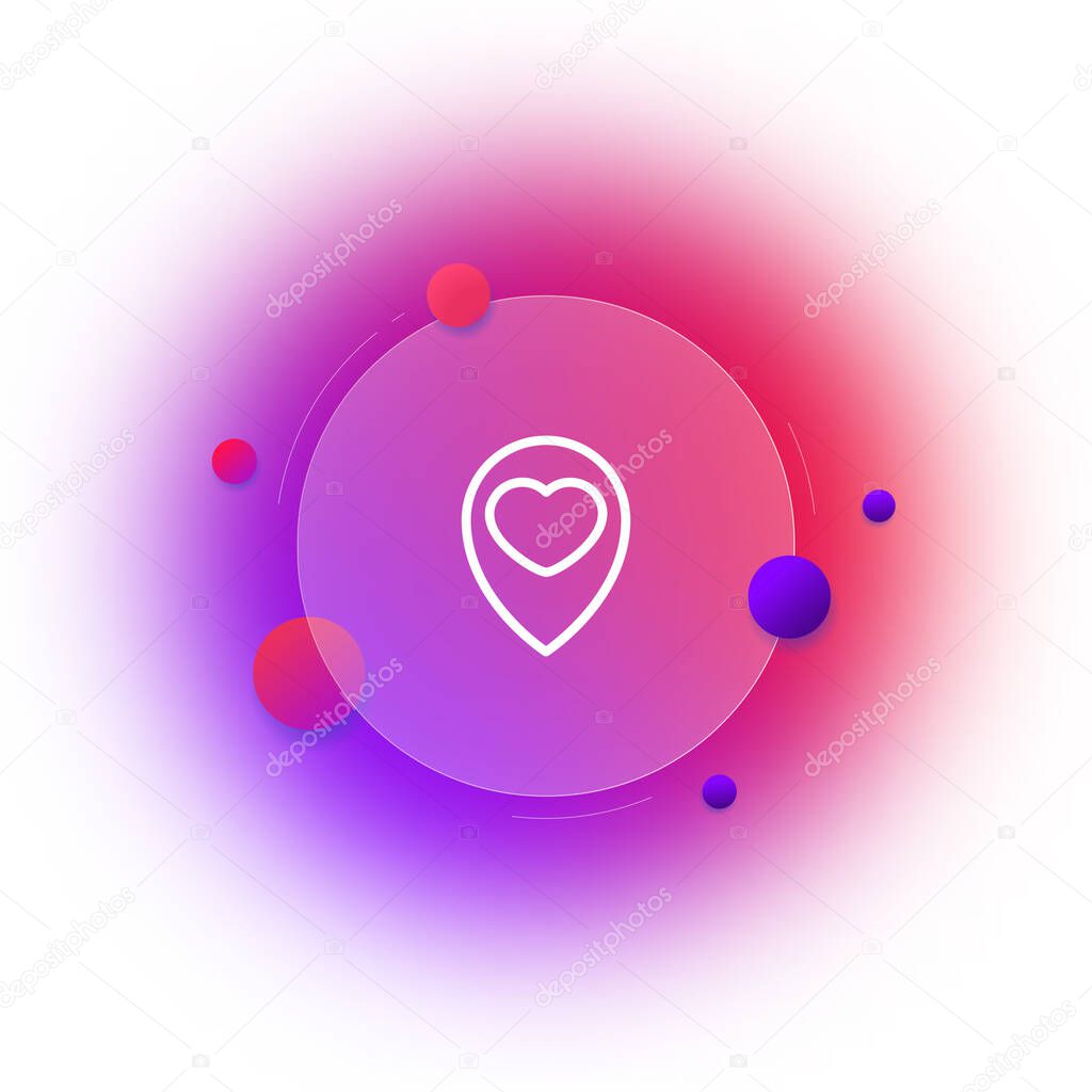 Map pointer with heart line icon. Favorite place, traveler, adventure, journey, like, love, locatin. Travel concept. Glassmorphism style. Vector line icon for Business and Advertising.