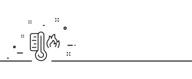 Ateş hattı ikonlu termometre. Sıcaklık, sıcaklık, hava koşulları, Kelvin, Fahrenheit, Celsius, ölçü, iklim, mevsimler, soğuk, sıcak. Doğa konsepti. Tek sıra halinde. Reklamcılık için vektör satırı simgesi.