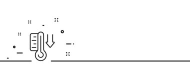 Oktan aşağıya çizgi simgesi olan termometre. Sıcak, derece, Fahrenheit, iklim, hava koşulları, mevsimler, soğuk, Celsius, Kelvin. Doğa konsepti. Bir satır. İş ve Reklamcılık için vektör satırı simgesi