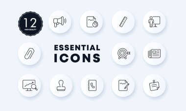 Çalışan bilgi grafikleri simgesi belirlendi. Başarı, belge, megafon, mühür, gazete, kronometre, cetvel, istatistik, hedef, büyüteç, çevirme çizelgesi, lensler. İş konsepti. Neomorfizm. Vektör satırı simgesi.