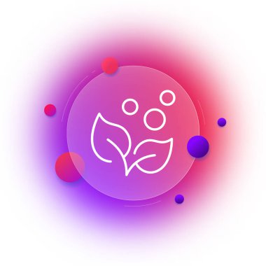 Su damlalı bitki simgesi. Buharlaşma, besin maddeleri, yaprak, yapraklar, yeşillik, mikroorganizmalar, fotosentez, klorofil, kimyasal reaksiyonlar. Doğa konsepti. Glasmorfizm tarzı. Vektör satırı simgesi.