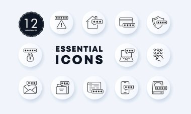 Parolalar simge ayarlandı. Kişisel verilerin güvenliği, web sitesi, ev, telefon, belge, uyarı işareti, grafik anahtarı, kalkan kilidi, banka kartı, sabit disk sürücüsü, dizüstü bilgisayar. Mahremiyet kavramı. Neomorfizm. Vektör satırı simgesi