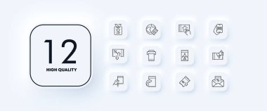 Biletler ikon ayarlandı. Seyahat, dünya çapında, indirim kuponu, yıldız, VIP müşteri, kiralama, e-posta, dijital, paylaşım, baskı, yazar kasa, Business Class. Eğlence. Neomorfizm. İş için vektör satırı simgesi