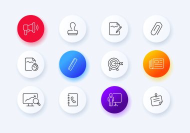 Ofis araçları simge ayarlandı. Damga, mühür, dosya, belge, resim, ataç, ekleme, gazete, temas defteri, çıkartma, vs. İş konsepti. Neomorfizm tarzı. İş ve Reklamcılık için vektör satırı simgesi
