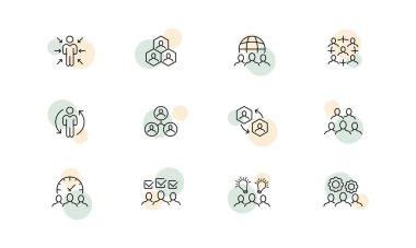 Takım çalışması simgesi. Çalışan, dairesel oklar, teçhizat, gezegen, iş akışı, yaratıcı fikir, saat, kontrol işareti, ampul, şirket, program. İş konsepti. İş ve Reklamcılık için vektör satırı simgesi