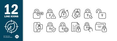 Kilitler simgeyi ayarladı. El, kilit, klasör, koruma, telefon, güvenlik, güvenlik sistemi, teçhizat, uyarı, ok, belge, dairesel oklar. Mahremiyet kavramı. İş ve Reklamcılık için vektör satırı simgesi.