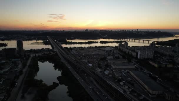 Kyiv Şehri Nin Dinyeper Nehri Nin Sunset Panoramik Akşam Şehir — Stok video