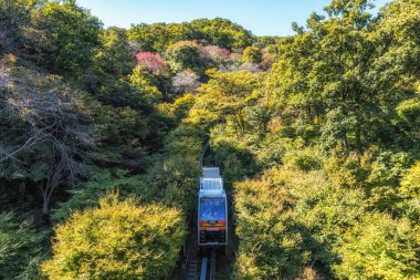 Hwadam Botanik Bahçesi tren istasyonu ve raylı tren. 17 Ekim 2021 'de Güney Kore, Gwangju' da çekildi.