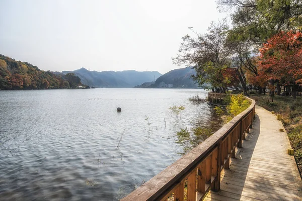 Uitzicht Cheongpyeong Lake Genomen Vanaf Nami Island Met Houten Dek — Stockfoto