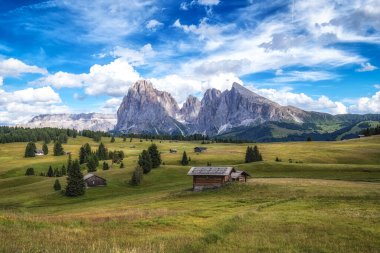 Alpe di siuss or seiser alm alpine meadows view with langkofel mountains in the background. Taken in Dolomites, Italy