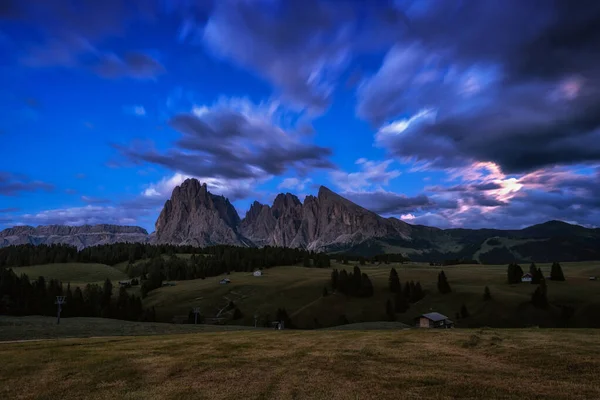 Alpe Siuss Seiser Alm Alpine Meadows View Night Langkofel Mountains — Stock Photo, Image