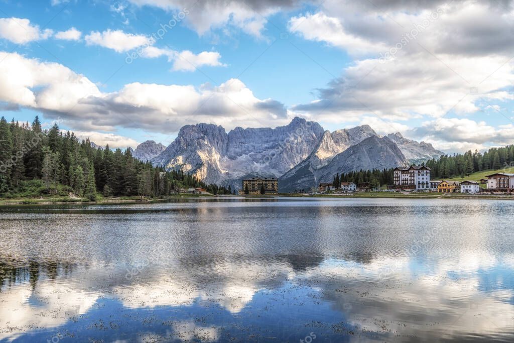 the view of lake misurina and mount sorapiss taken during summer. Famous landmark in Dolomite, Italy.
