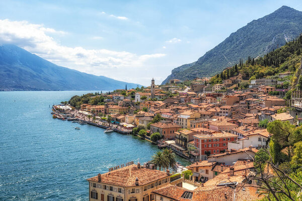 Limone sul Garda panoramic view. Famous tourist town located in Lake Garda, Italy. Taken during summer