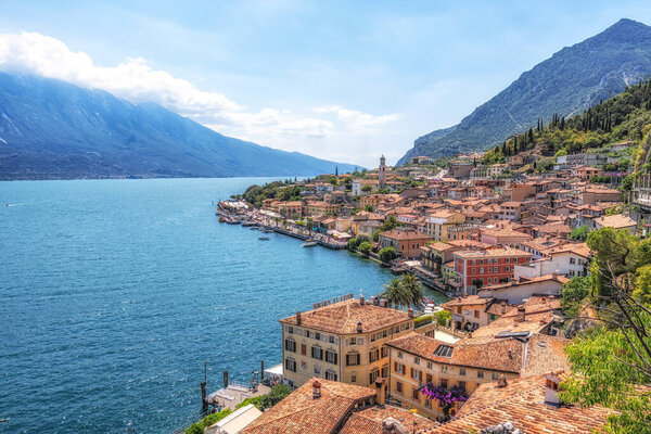 Limone sul Garda panoramic view. Famous tourist town located in Lake Garda, Italy. Taken during summer