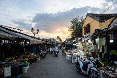 Hoi An Central Market view with various stalls selling seafood to tourist items. Taken in Hoi An, Vietnam on August 13th 2022