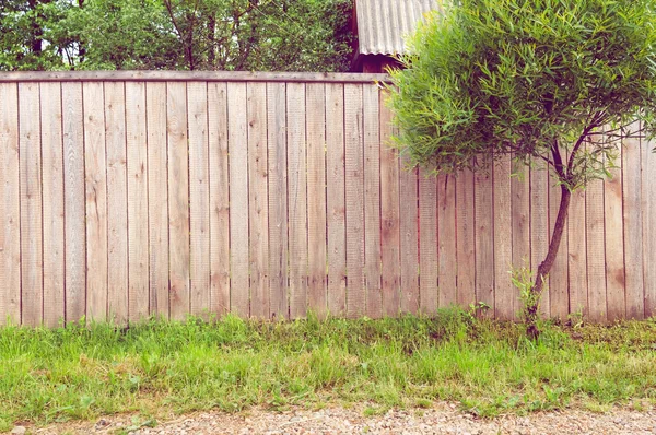 Фон сільський дерев'яний паркан з зеленою травою, дорогою і деревом — стокове фото