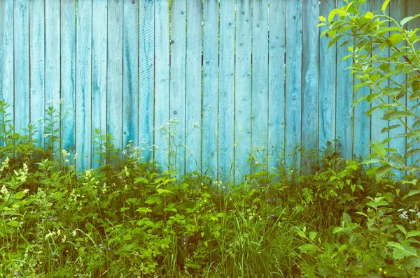 Hintergrund Licht leere Holzzaun mit hohem Gras überwachsen — Stockfoto