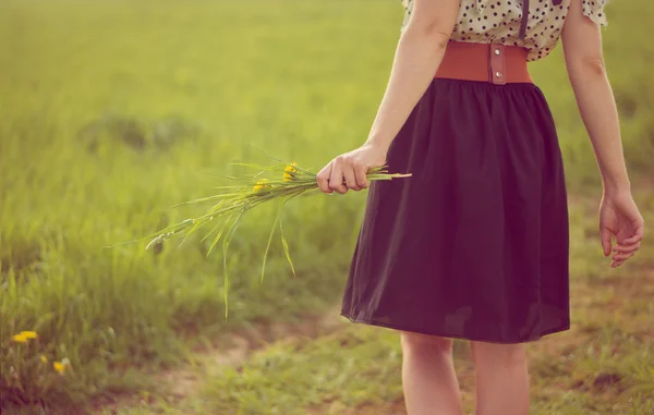 Menina de fundo andando em um campo em um vestido e segurar dente de leão — Fotografia de Stock