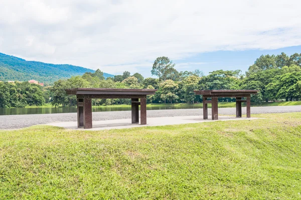 Banco Madera Marrón Lago Verde —  Fotos de Stock