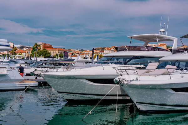 Cannes, France - 10.09.2021 : Annual Yacht Show Festival in french riviera. The largest luxury yacht, new technologies in the world of yachts. Participants come from all the world for the yacht show. 