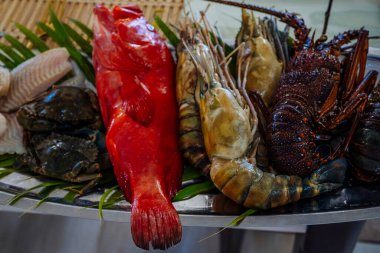 Restoranda pişirmek için taze çiğ okyanus balıkları ve deniz ürünleri vardı. Karides, ıstakoz, kırmızı ve beyaz balık, yengeç. Balık avı.