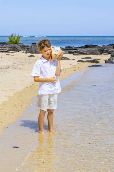 Chłopiec trzymający i słuchający ogromnego muszli w pobliżu ucha na letniej tropikalnej plaży — Zdjęcie stockowe