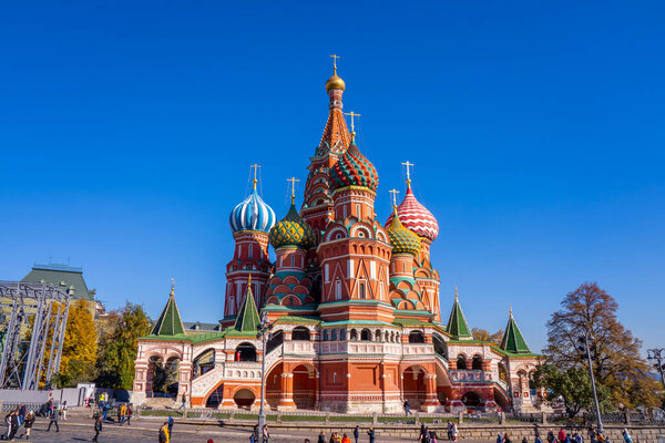 Moscow, Russia - 07.10.2021: Colorful domes of the St. Basil's Cathedral on Red Square in Moscow, Russia. Famous tourists destination. High quality photo