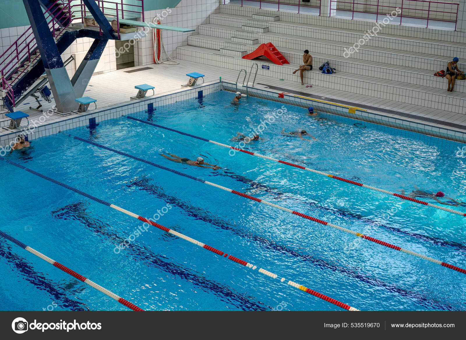 Nice, France - 14.08.2020: Indoor Swimming Pool with diving platform ...