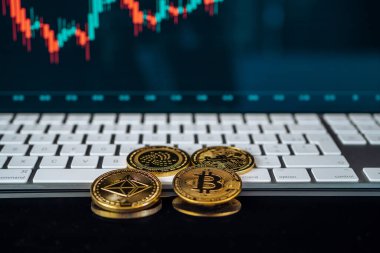 Laptop Klavyesinde Şifreleme Bozukluklarının Yakın Görüntüsü. Bitcoin akıllı telefon ekranının grafik evrimi. 
