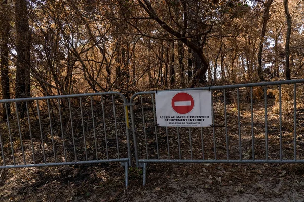 Entrance to the forest is prohibited due to fire danger. Drought in the forest. Warning sign in french forest. High quality photo