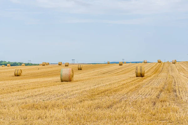 Field Golden Hay Bales French Countryside Sky Background High Quality — Fotografia de Stock