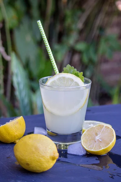 Vaso Limonada Con Menta Hielo Sobre Una Mesa Con Mucho —  Fotos de Stock