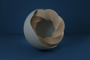 Tarafsız mavi bir arkaplanda bir kürenin içindeki spiral halkanın soyut görüntüsü