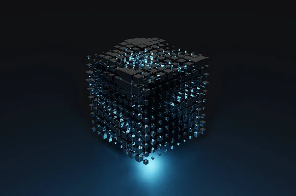 Image Abstraite Cubes Métalliques Sur Fond Noir Éclairés Lumières Bleues Image En Vente