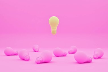 3d render light bulbs with glowing one different idea in podium. Flying pink