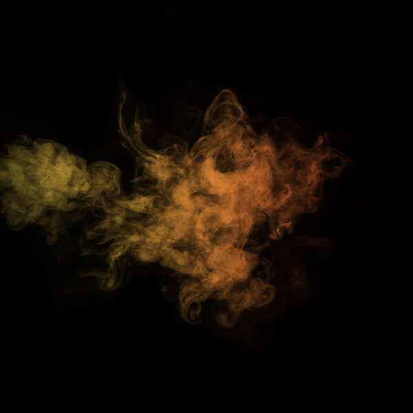 Colored yellow steam, smoke on a black background to superimpose on your photos. Yellow-orange smoke, steam, aroma. Create mystical Halloween photos. Abstract background, design element