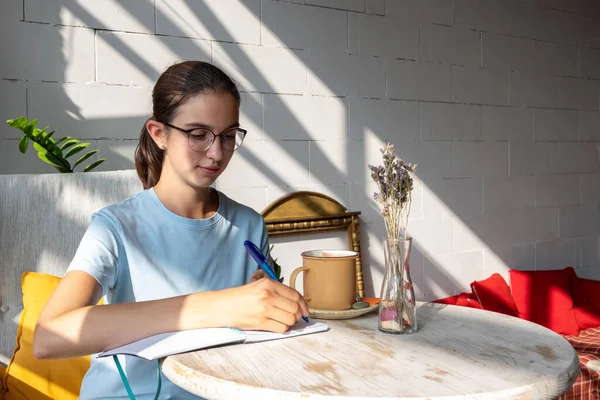 Estudiante pensativa escribe con un bolígrafo una tarea en un cuaderno. Retrato de una morena caucásica en gafas y una blusa azul en un café con sombras diagonales. — Foto de Stock