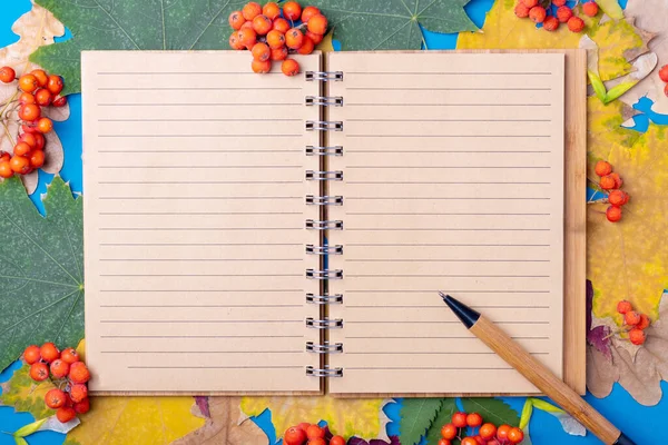 Плоский лежал пустые подкладки ремесла ноутбук и ручка на осень упал сухие красочные листья на голубом фоне. — стоковое фото