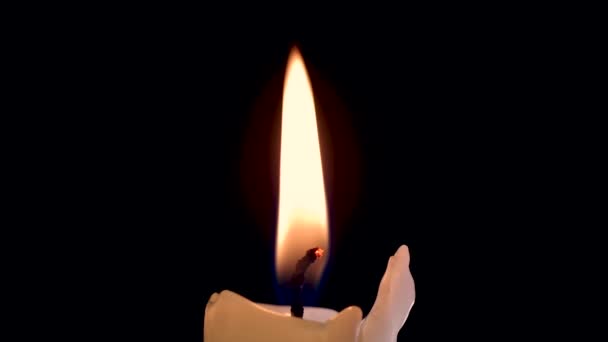 Close up de uma bela vela queimando isolado no fundo preto. O fogo queima e queima perfeitamente sem problemas. A queimar vela e chama. Um símbolo de paz, tranquilidade, memória, esperança. — Vídeo de Stock