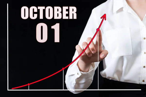 Hari Oktober Tangan Businesswoman Menunjuk Grafik Dan Kalender Dengan Tanggal — Stok Foto