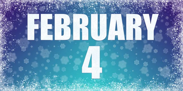 Zimowe niebieskie tło gradientowe z płatkami śniegu i ramką i kalendarzem z datą 4 lutego, baner. — Zdjęcie stockowe