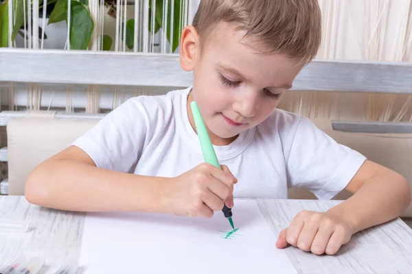 Прекрасний емоційний маленький хлопчик малює зелену ялинку з фетровою ручкою, олівцем на аркуші паперу, сидячи за столом — стокове фото