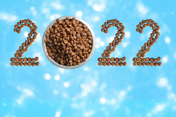 Data 2022 feita de comida seca e uma tigela de metal redondo cheio de comida seca crocante para cães ou gatos em um fundo azul com bokeh — Fotografia de Stock