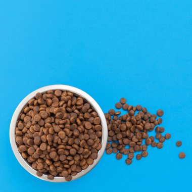 Mavi arka planda kedi ya da köpekler için çıtır çıtır kuru yiyeceklerle dolu yuvarlak metal kase, üst manzara, kopyalama alanı. Hayvan bakımı konsepti. Evcil kedi ve köpekler için lezzetli ve sağlıklı yiyecekler. Evcil hayvanlar için diyet yemeği.