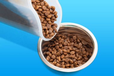 Bir el bir konteynırı tutuyor ve mavi arka plandaki yuvarlak metal bir kaseye kuru hayvan maması koyuyor. Hayvan bakımı konsepti. Evcil kedi ve köpekler için lezzetli ve sağlıklı yiyecekler. Evcil hayvanlar için diyet yemeği.